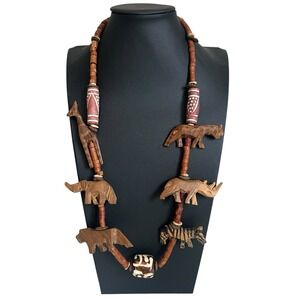 African Wooden Animal Necklace Carved with Trade Beads 12" Jungle Tribal Theme